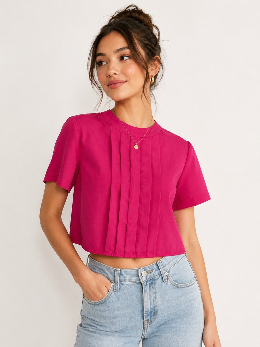 Sasson Vintage 80s 90s Hot‎ Pink Fuchsia Pleated Front Crop Top Sz. 8 (Small)